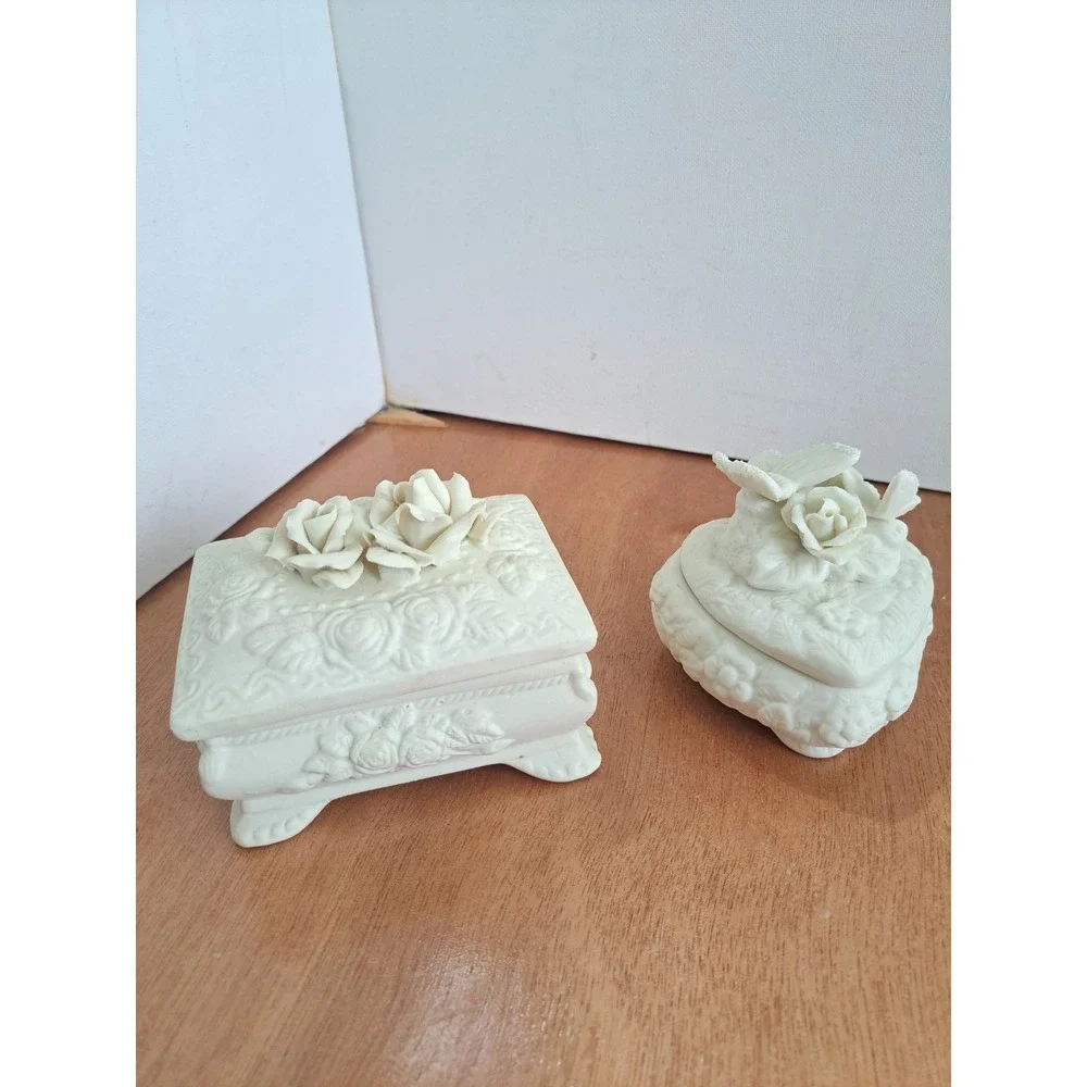 Vtg Ivory / White Porcelain Bisque Capodimonte Rose Trinket Box Set